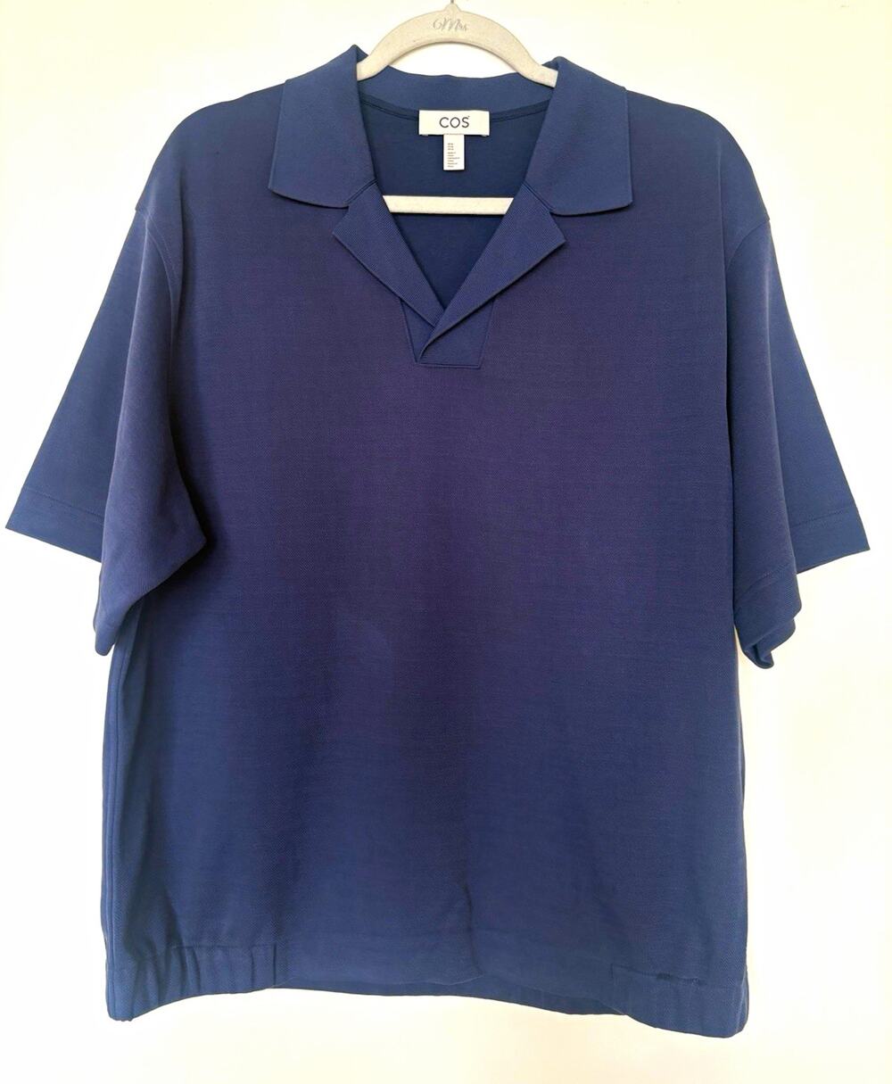 COS Men's Polo Shirt M Blue Solid Knit Short Sleeve Collared Pullover